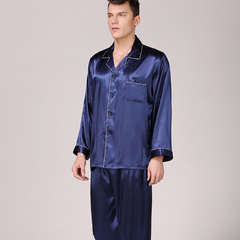Satin Silk Long Sleeve Pyjamas Set for Mens Traditional Solid Pajamas Set Mens Pajamas pijamas para hombre: navy / XXXL