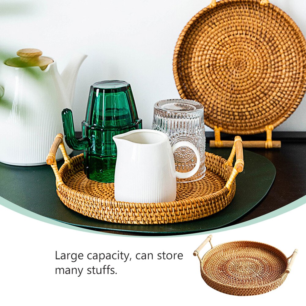 1PC Rattan Woven Basket Practical Picnic Ratten Tray Outdoor Storage Basket Portable Picnic Basket (Medium, Diameter 28x3.5cm)