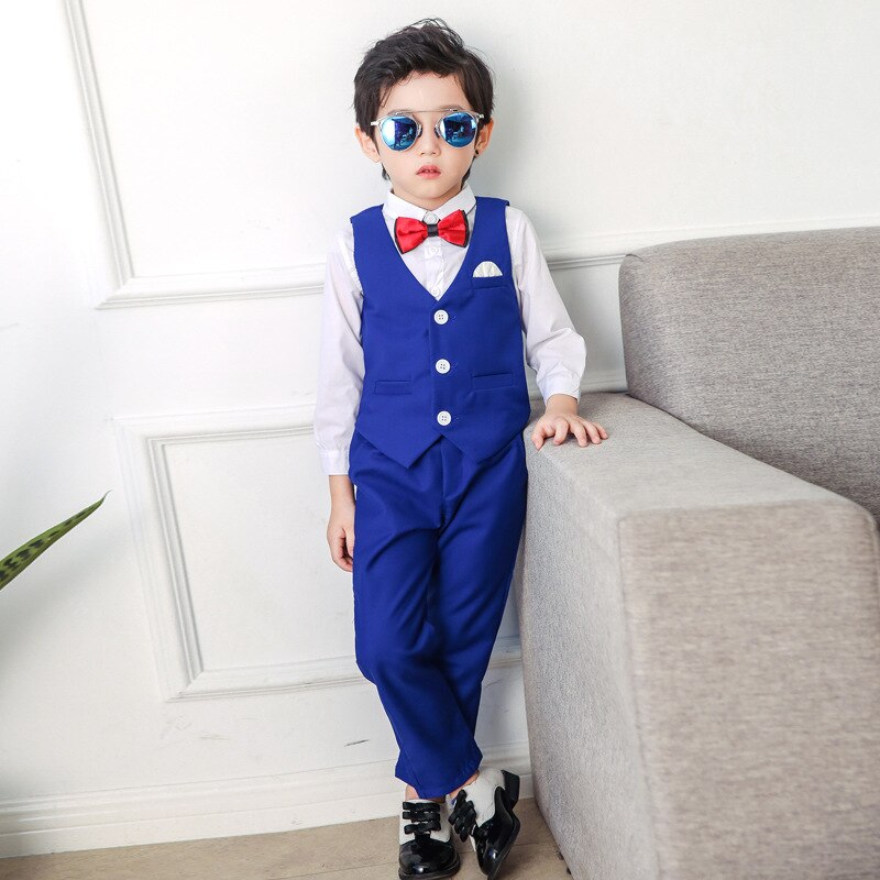 Poikien puku lasten brittiläistyylinen herrasmiehen puku liivi housut 2 kpl lasten hääsyntymäpäiväjuhla iltapuku smokki: Sininen / 17