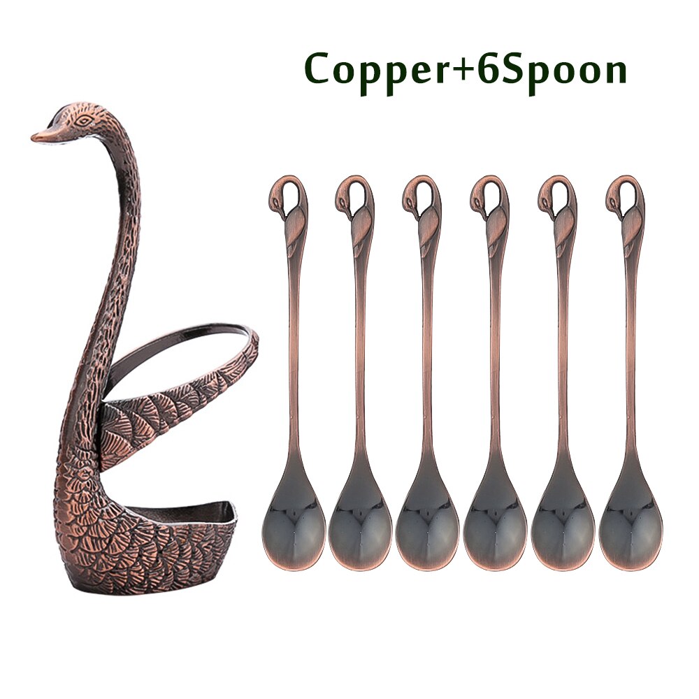 7 Pcs Swan Base Holder Dinnerware Set Stainless Steel Gold Spoon Fork Cutlery Coffee Cake Fruit Salad Dessert Flatware Teaspoon