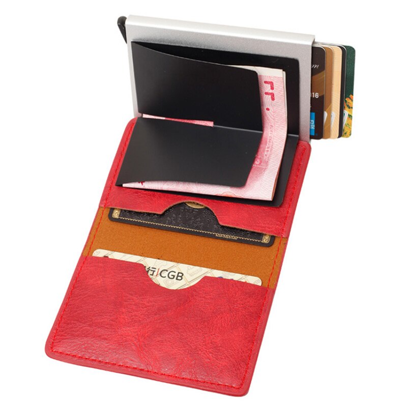 Anti-rfid visitekaartjeshouder rood/zwart/geel/bruin/blauw pu leer + legering creditcardhouder hoesje kaarten komen automatisch omhoog