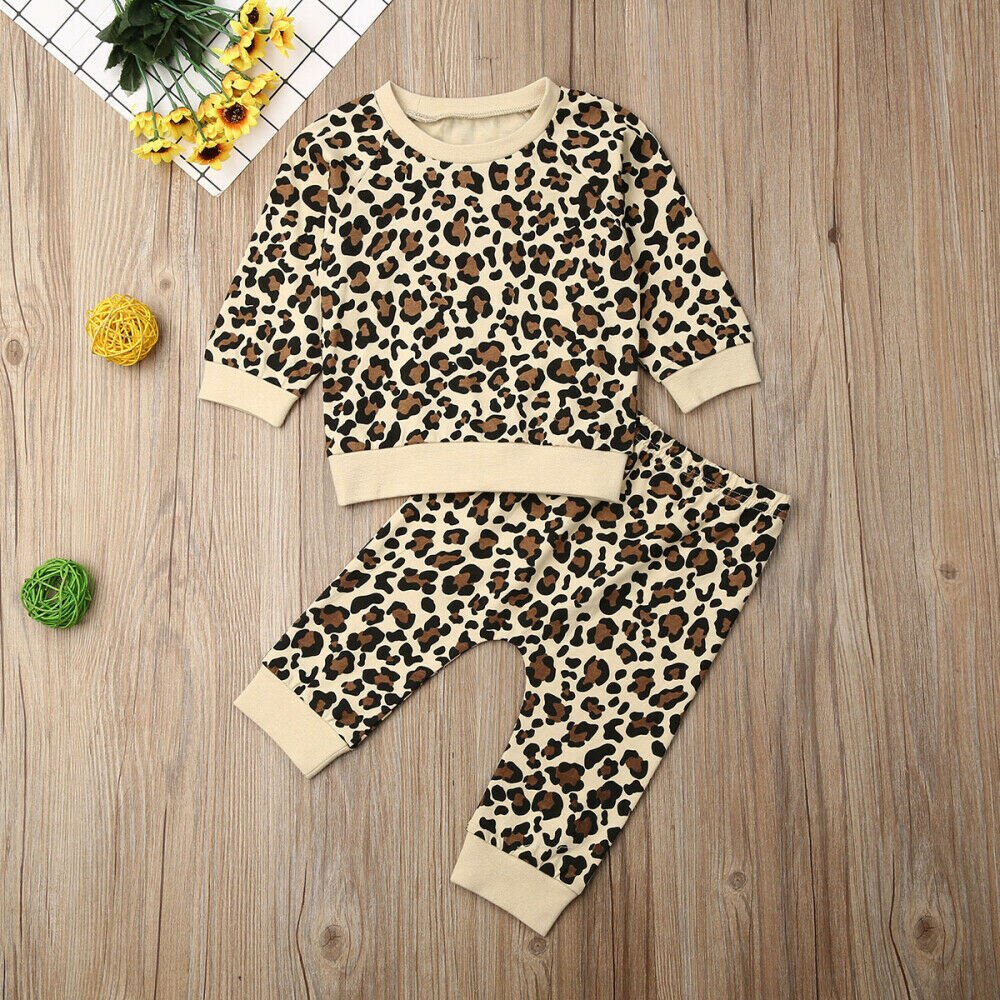 Bebiskläder nyfödd match bebis flicka pojke höst leopardkläder byxdress lekdräkt/skjortor topp +byxor 2 st outfits