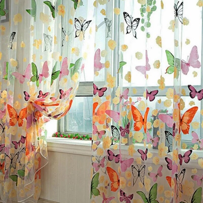 200cm x 100 cm Butterfly Print Sheer Window Panel Curtains Room Divider for living room bedroom Kitchen Room Window Curtain