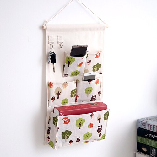 Canvas Storage Hanging Bag Wall Hanging Door Dormitory Hanging Bag 5 Pocket Space Sundries Hanging Organizer: Apple Tree