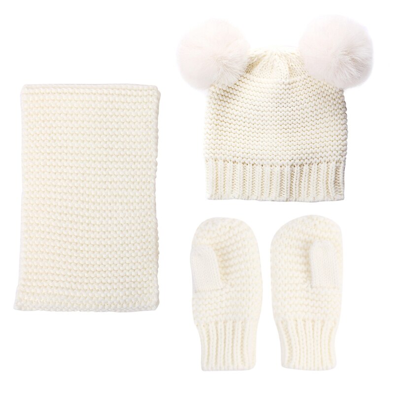 Baby børn vinter hat tørklæde og handsker 3 stk / sæt piger strikket varm beanie cap med halstørklæde cirkel loop tørklæde hæklet hat: Hvid