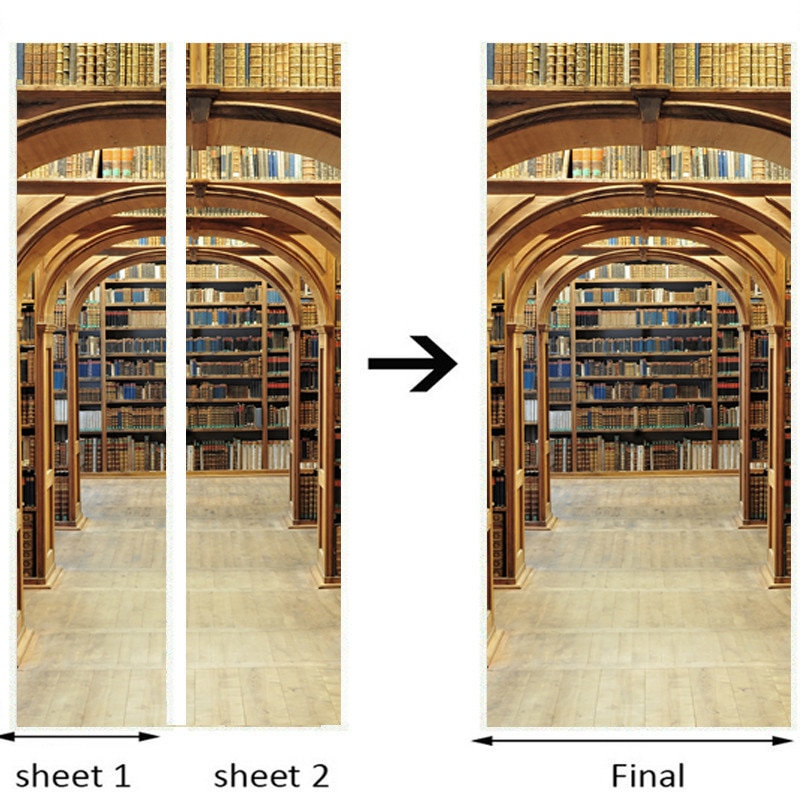 3D Door Sticker Modern Library Study Room Bookshelf Wallpaper PVC Self-Adhesive Waterproof Home Decor Wall Decals Paste