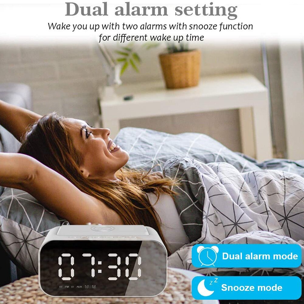 Digital Alarm Clock Home Digital Clocks Radio Bluetooth Speaker with USB Port and Wireless Charging Dual Alarm Big LED Display