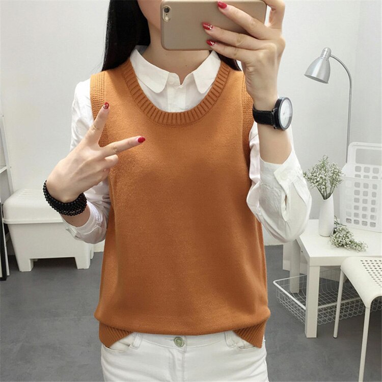 Ærmeløs vest sweater dame preppy stil look rund hals side åbning slids strikket vest pullovers t jumper kvinde strik sweater: Dyb kaki vest