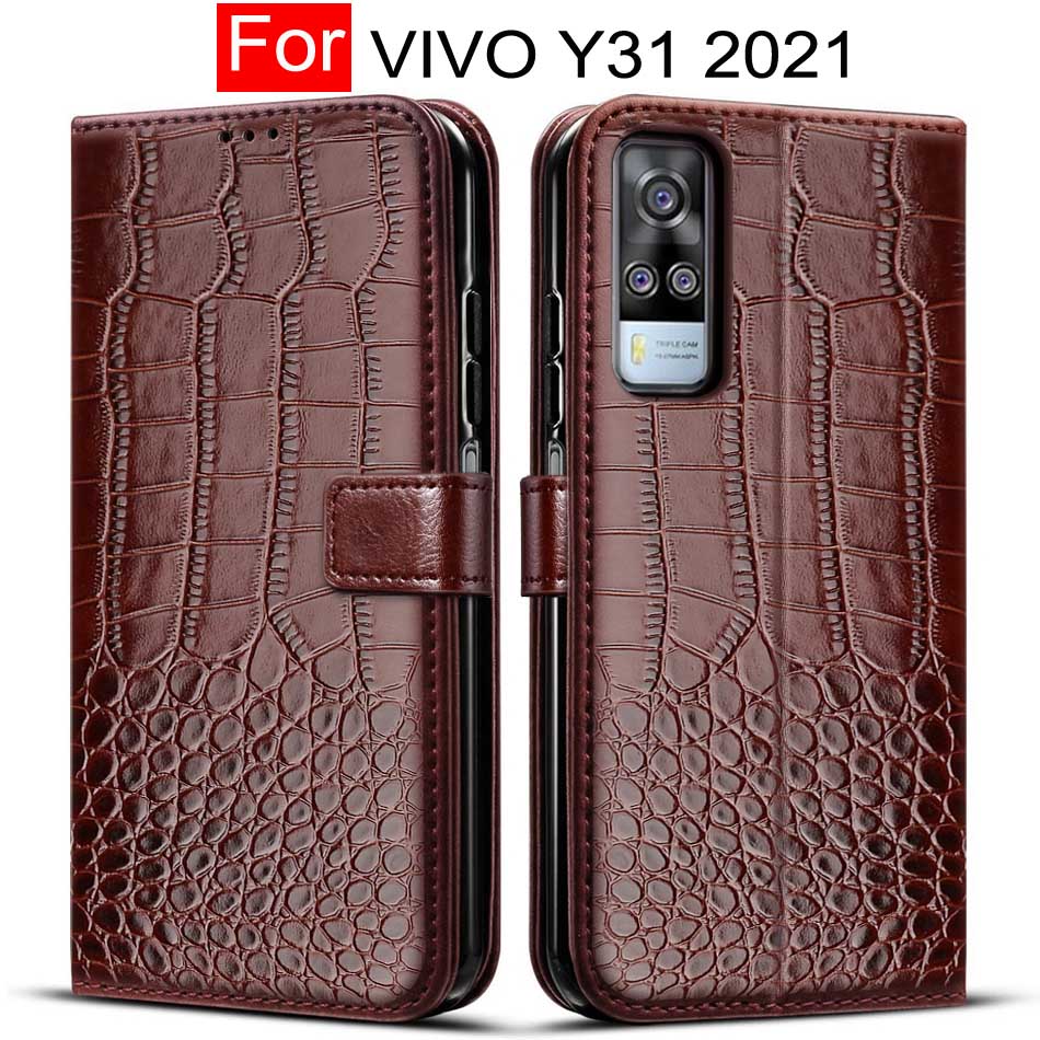 Capa tipo carteira de couro para vivo y31, estojo protetor para celular vivo y31 2021: Deep Brown