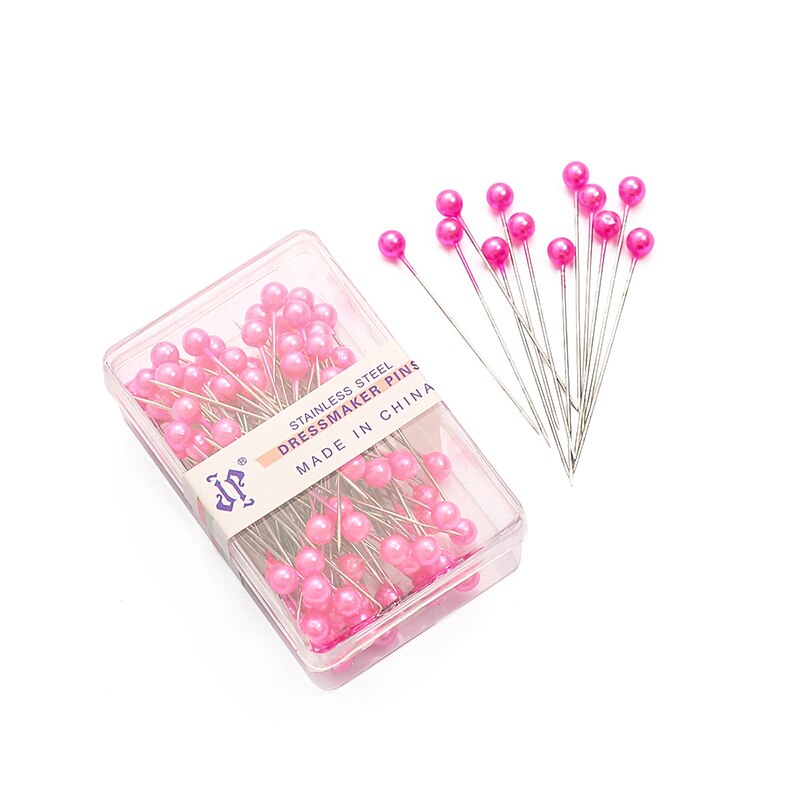 100Pcs/Box 38cm Colorful Round Pearl Head Needles Stitch Straight Push Sewing Pins For Dressmaking DIY Sewing Tools Positioning: Pink