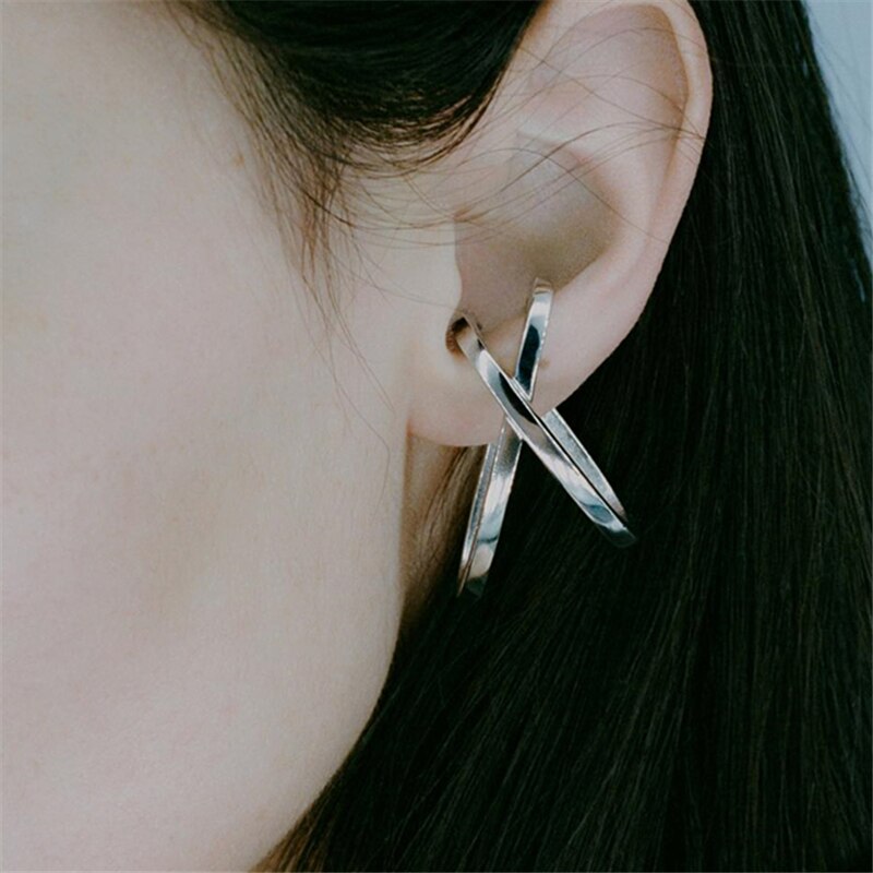 HUANZHI Trend Personality Punk Geometric Cross Arc Irregular Metal Ear clip Earrings for Women Girl Party Jewelry