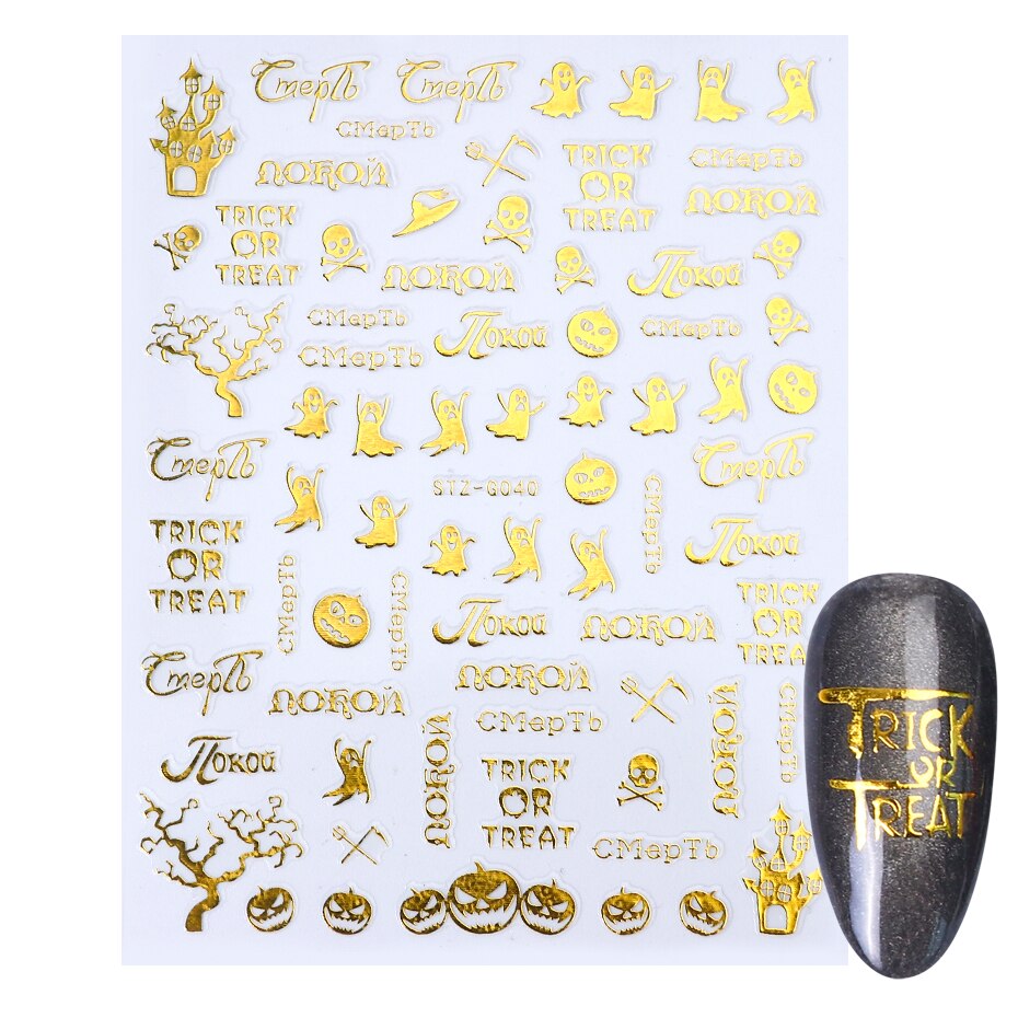Halloween negler svarte klistremerker nail art dekaler edderkopp spøkelse gresskar kult skummelt skyveomslag negledekor manikyr chstzg 032-040: Stzg 040 gull