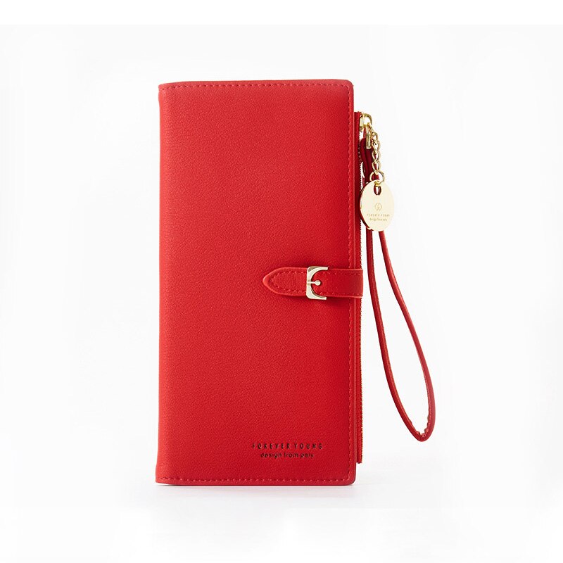 Cartera de piel suave para mujer, Carteras largas con broche, monedero Delgado, tarjetero para mujer: Red