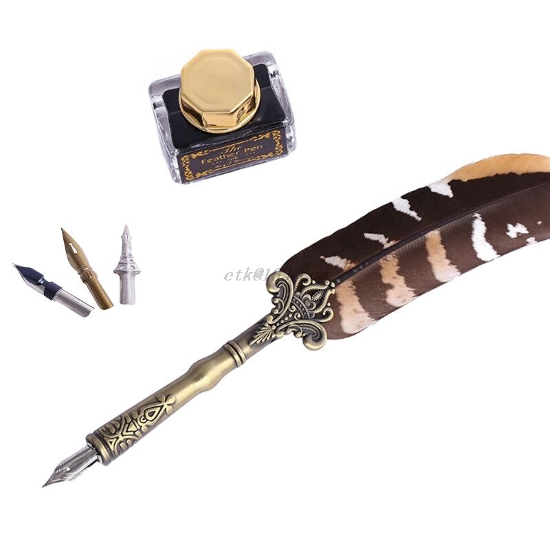 Vintage Calligraphy Quill Feather Dip Pen Writing Ink Nibs Set Stationery School