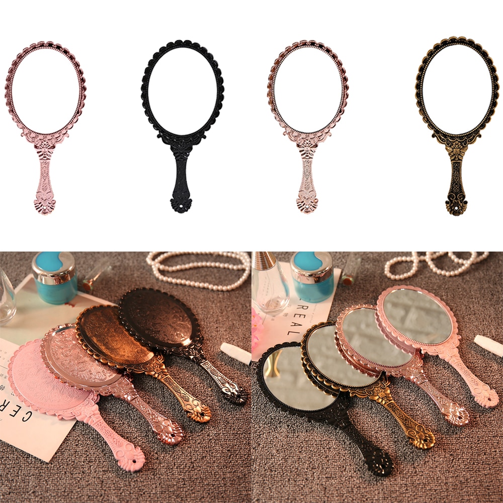 Bærbart vintage spejl håndholdt makeup spejl pink blomstret ovalt rundt kosmetisk håndholdt spejl med håndtag til rejser