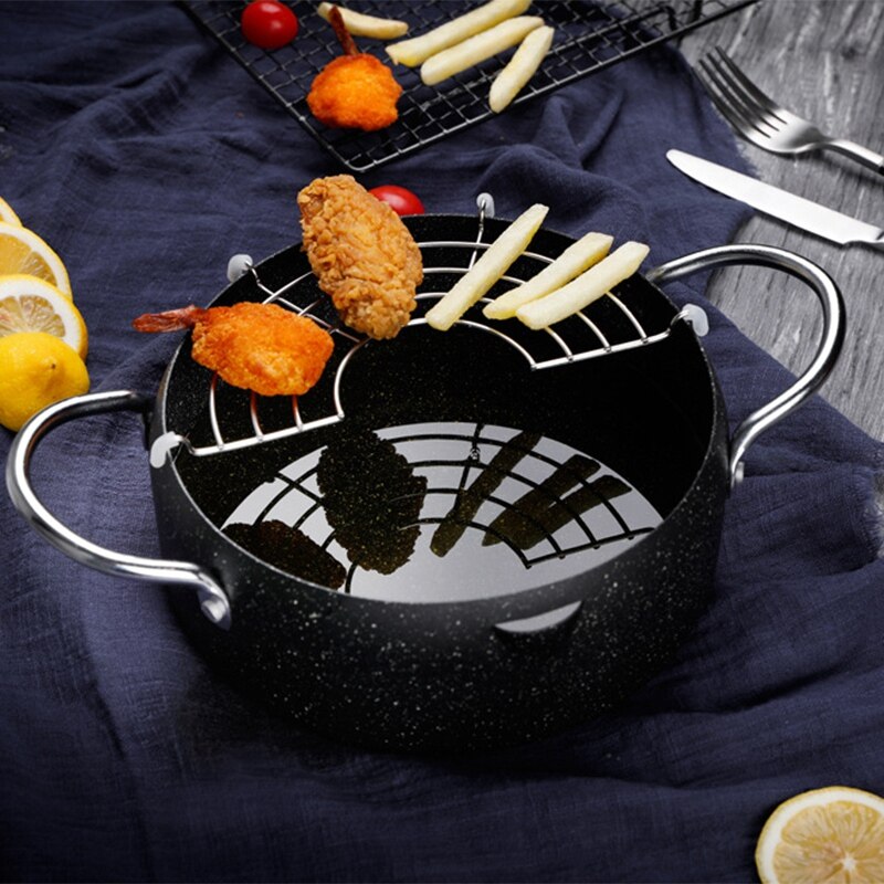 Deep Fryer Maifan Stone Tempura Deep Frying Pan Fried Chicken Pan with Oil Strainer Cooking Tools Kitchen Utensils