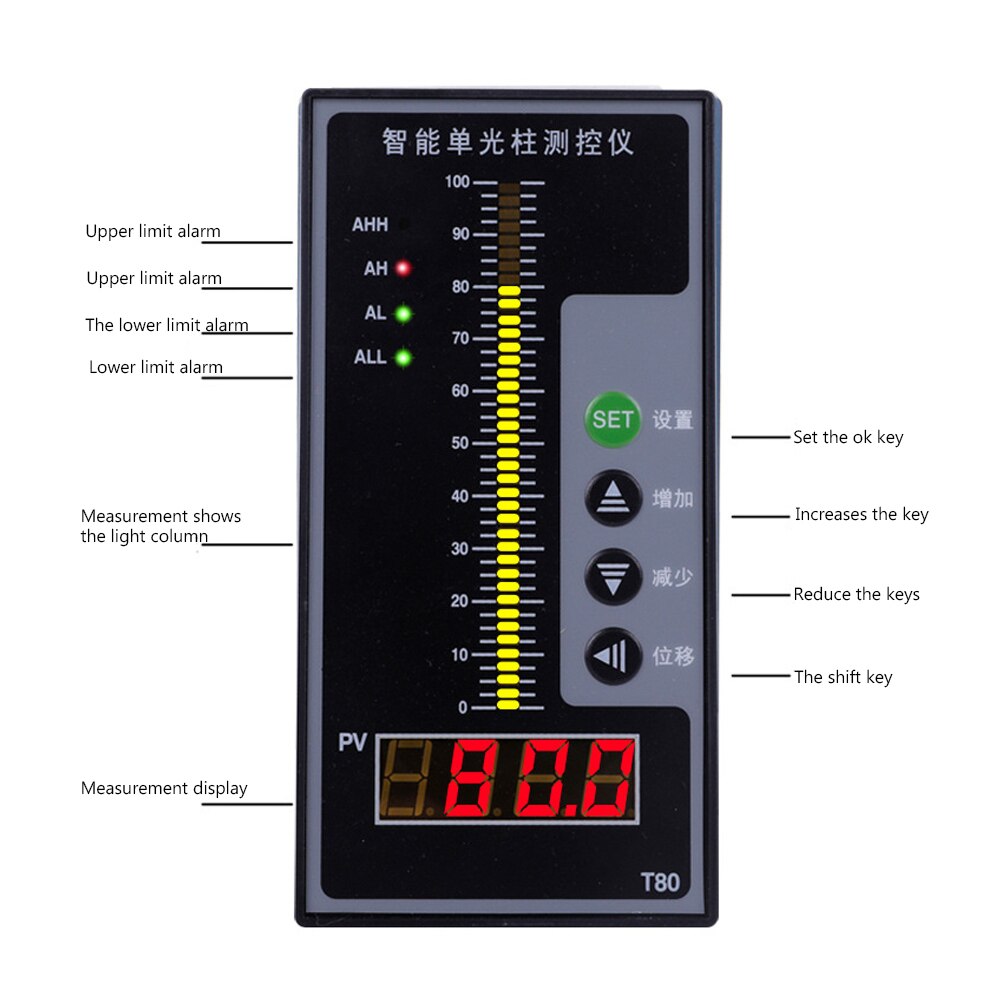 T80 Intelligent Light Column Display Integral Liquid Oil Water Depth Detector Controller with LCD Display