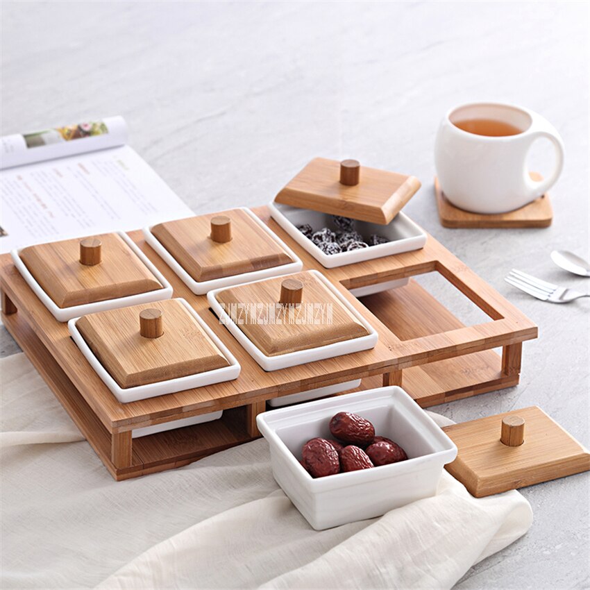 TY6525 Compartment Storage Box Dried Fruit Plate Living Room Tables Ceramic Nuts Boxes Home Food Storage Tanks With Wood Cover