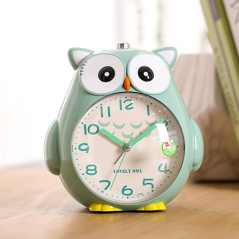 Horloge de bureau chouette muette de dessin animé | Joli réveil d'étudiant, réveil de Table, horloge avec rétro-éclairage, pour enfants: green
