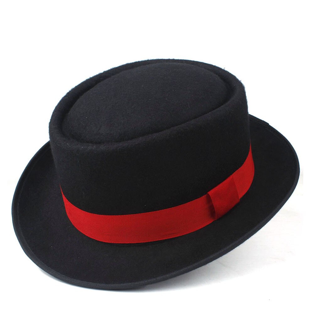Unisex Men Women Pork Pie Hat with Red Ribbon Pop Jazz Hat Wool Flat Fedora Hat Size 58CM: Black