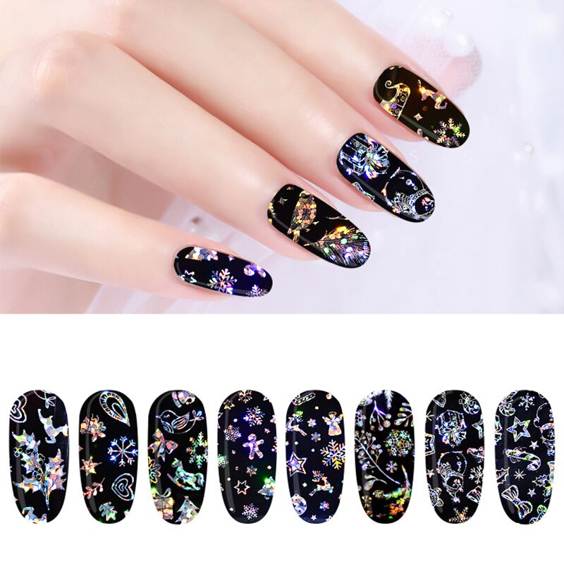 ICYCHEER 4 pcs Chrismas Beeld Holografische Nail Sticker Nagel Folie Sneeuwvlokken Sterrenhemel Decal Bloem Mix Patroon Sticker