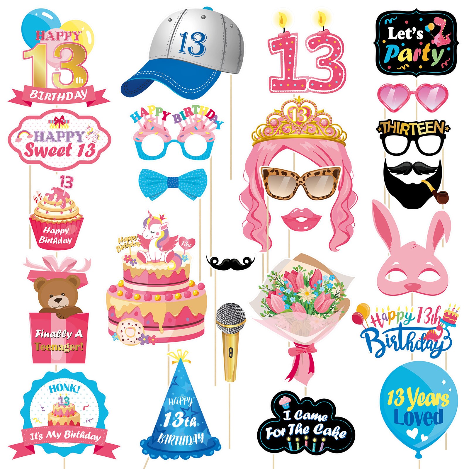 Abaodam 25pcs 13th Birthday Photo Booth Props Already Assembled with Wooden Stick Photo Props Selfie Props Birthday Party: Default Title