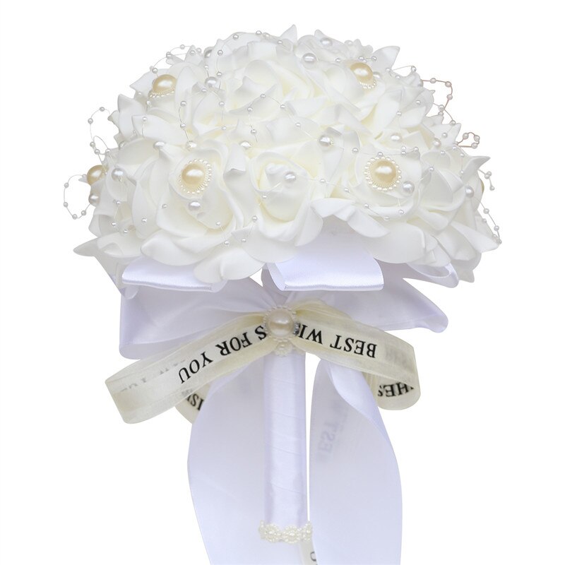 Fleur Rose PE Bouquet demoiselle d'honneur tenant des fleurs mariée ruban De soie Bouquets De Mariage mousse Rose avec perle fête De Mariage W205: white