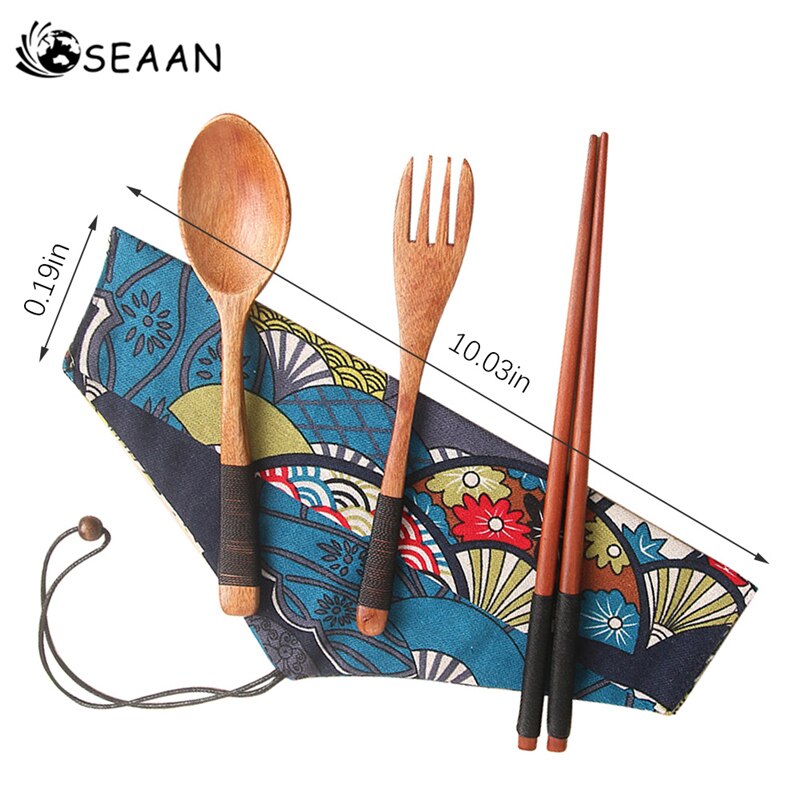 3 pièces fourchette cuillère baguettes ensemble cuisine bambou couverts ensemble en bois paille vaisselle ensemble avec sac en tissu voyage couverts ensemble gadgets: Package A