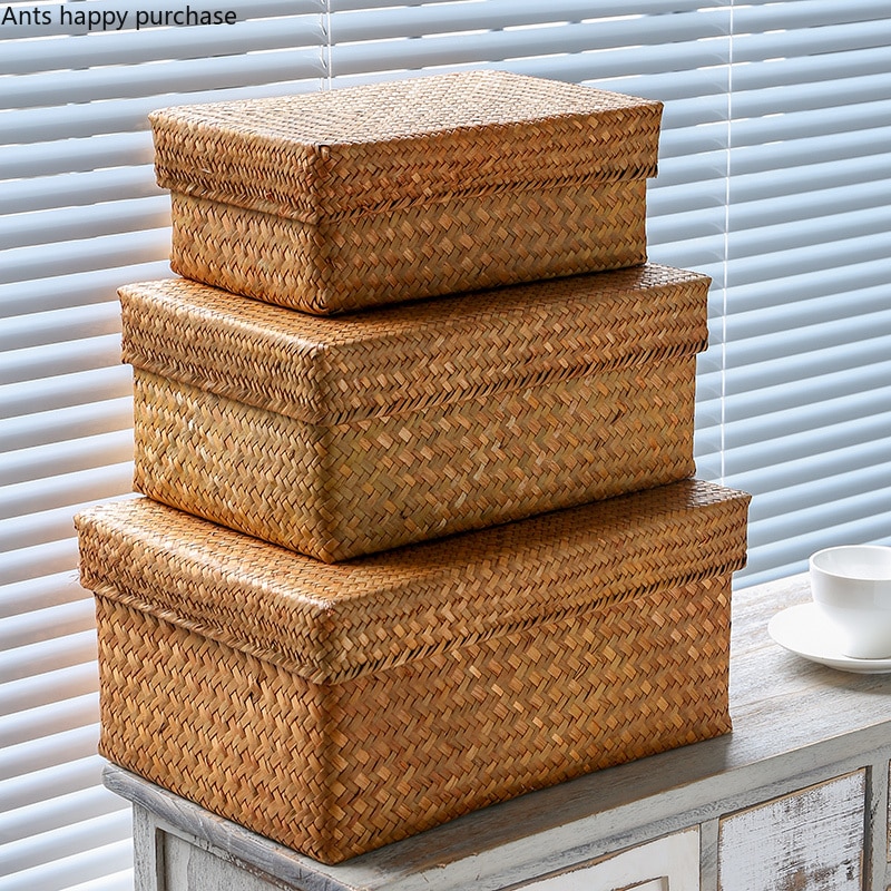 Straw Storage Box with Lid Rectangular Household Living Room Retro Sundries Woven Storage Basket Bedroom Clothing Storages Box