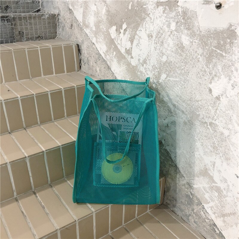 Kvinner mesh veske damer sammenleggbare shopping skuldervesker gjenbrukbar daglig bruk strandveske lys stor uformell tote: Grønn
