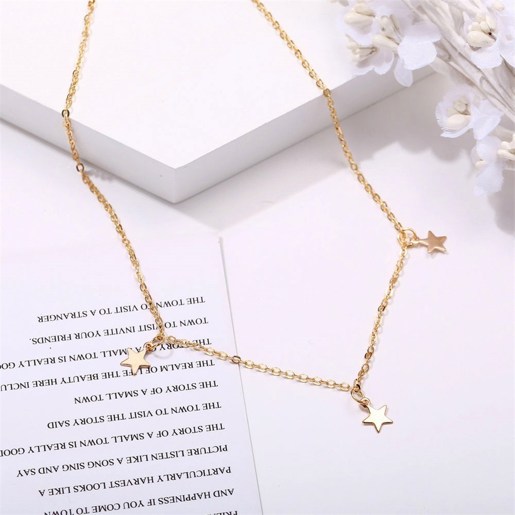 Pendant Necklace For Women Simple Alloy Gold Three Stars Long Chain Necklace Rose Flower Collar Female Jewelry