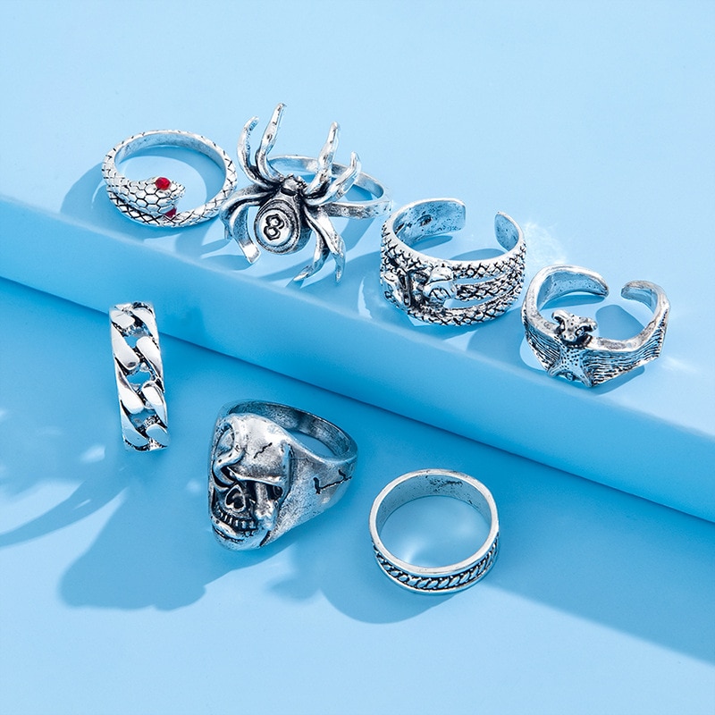 Gothic Skeleton Unisex Ring Set Punk Grunge Butterfly Frog Woman Man Jewelry Hip Hop Party Street Ring Accessories