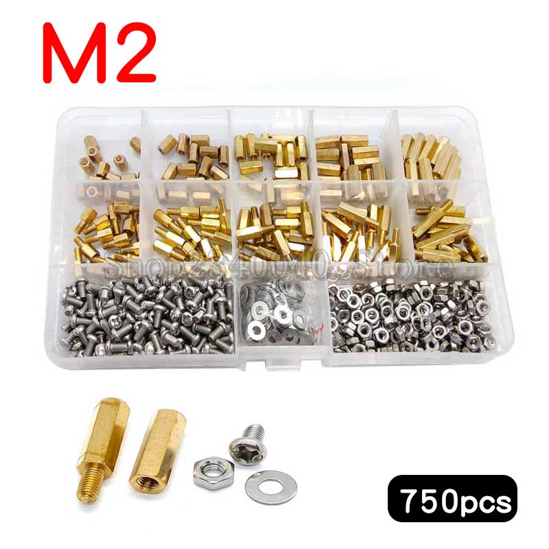 750Pcs/set M2 Brass Studs Pillars Standoff Spacers Screw Isolation Spacing Screw stud Stainless steel Screws Nut Washer Kit