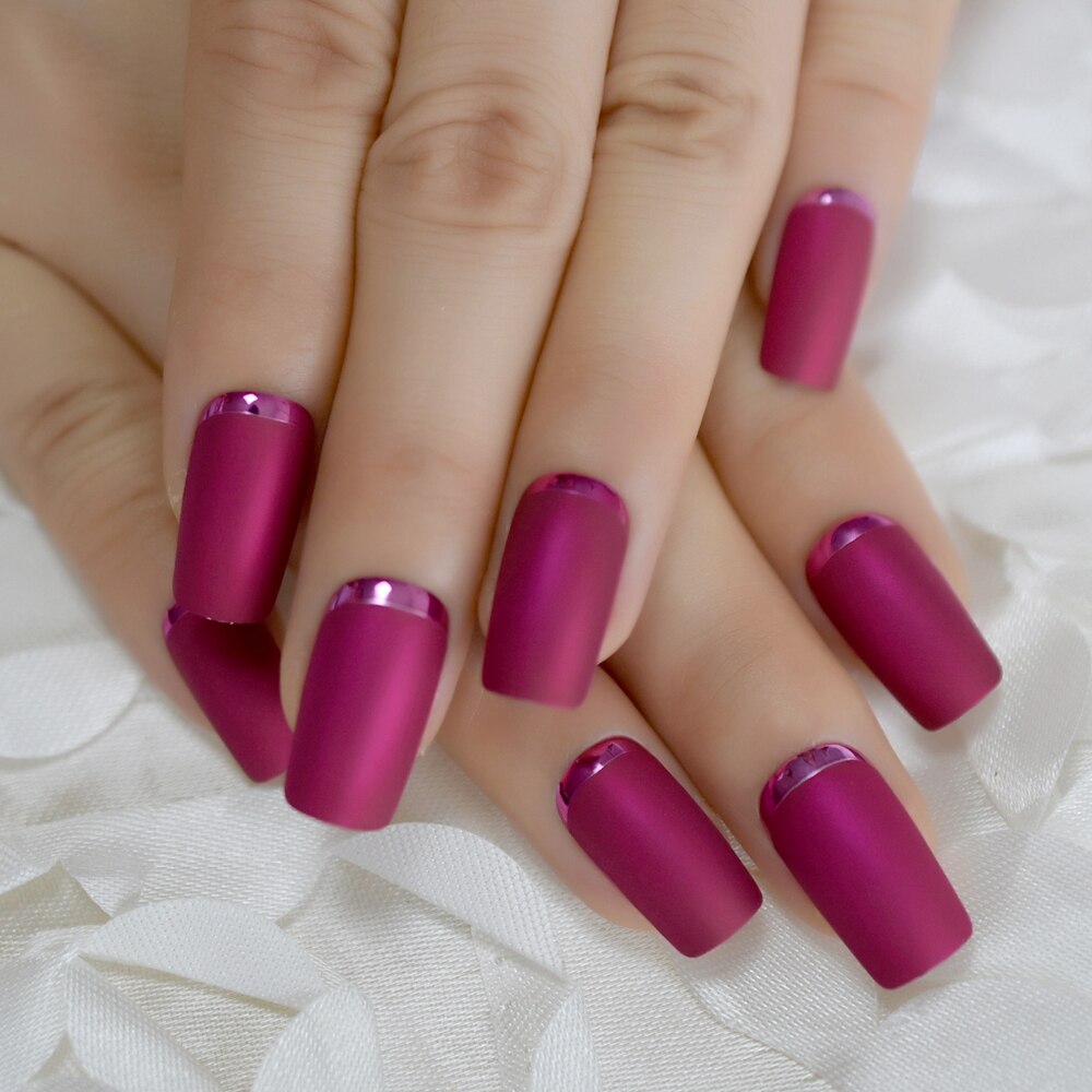 Vierkante Matte Metalen Nagels Cherry Rose Roze Layer Frosted Kastanjebruin Nagels Kunstmatige Acryl Druk Op Nagels