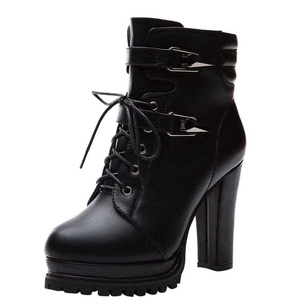 Mujer de tacón alto botas Casual suela gruesa-Correa botas de motocicleta nueva primavera botines de otoño zapatos de botas de cuero: 5,5
