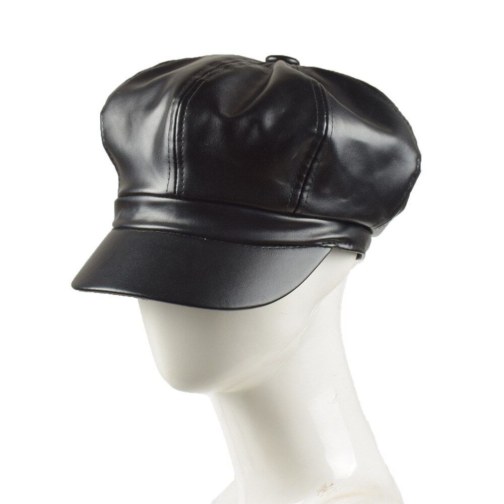 Hoaree rød newsboy cap pu skinn solid åttekantet cap høst vinter vintage damer flat cap hun beret lue: Svart