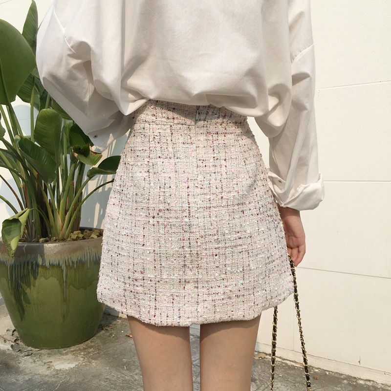 Vintage Winter Tweed Skirts Women Autumn Mini Pencil Skirts Plaid Wool Skirts Korean Bodycon High Waist Tweed Skirt Lady