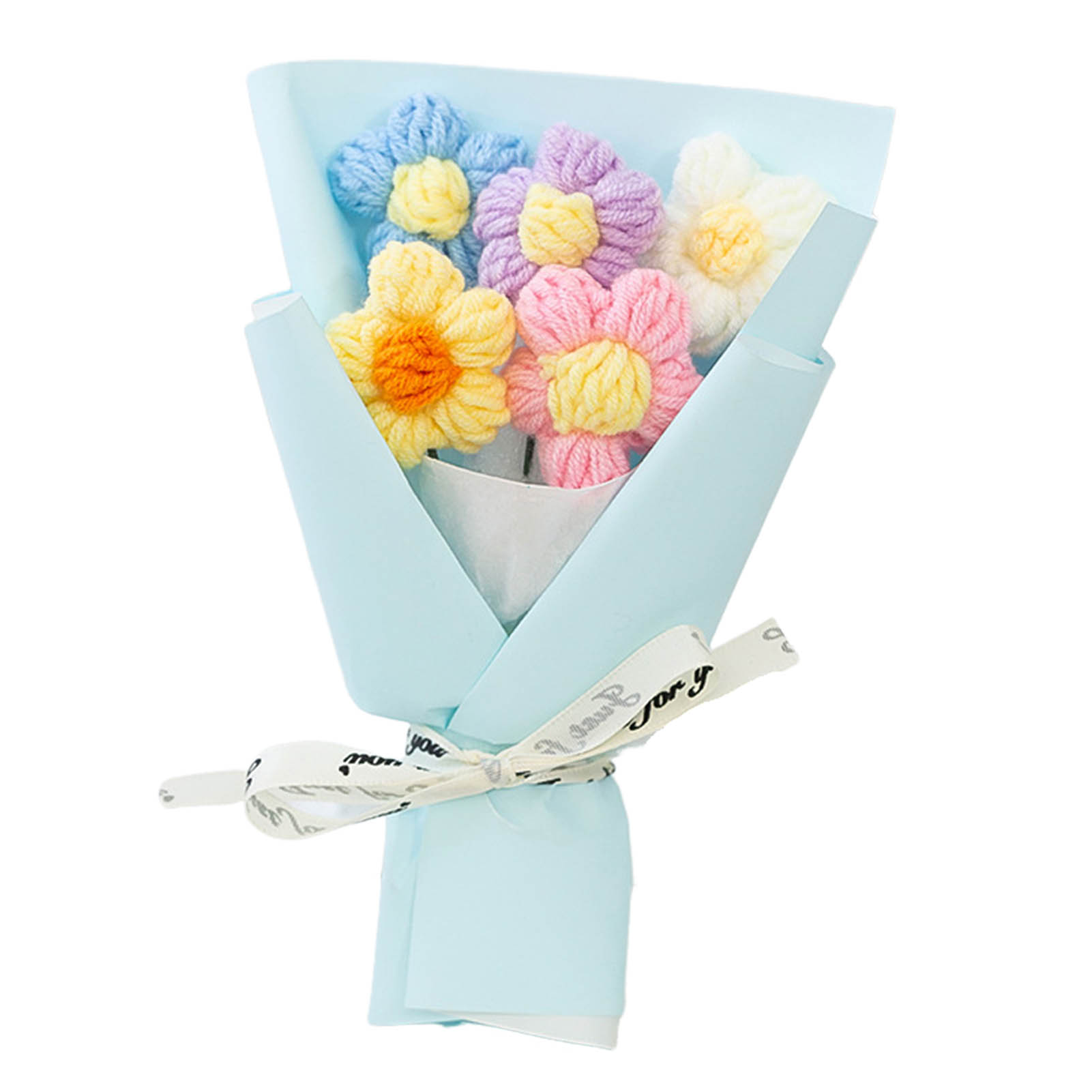 Hand Woven Flower Bouquet Mini Crochet Yarn Bouquet For Wedding Party Graduation Ceremony Lovely Decoration Puff Bouquet: Blue