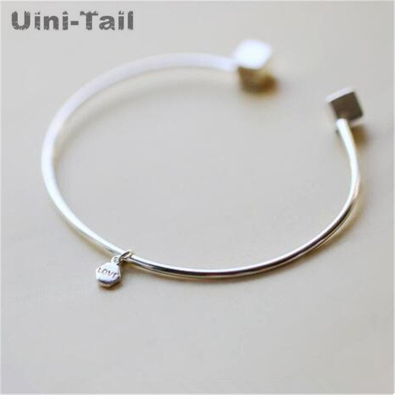 Uini-Tail 925 Sterling Silver Korean Glossy heart Sugar Cube Open Bracelet Lettering Tag Bracelet