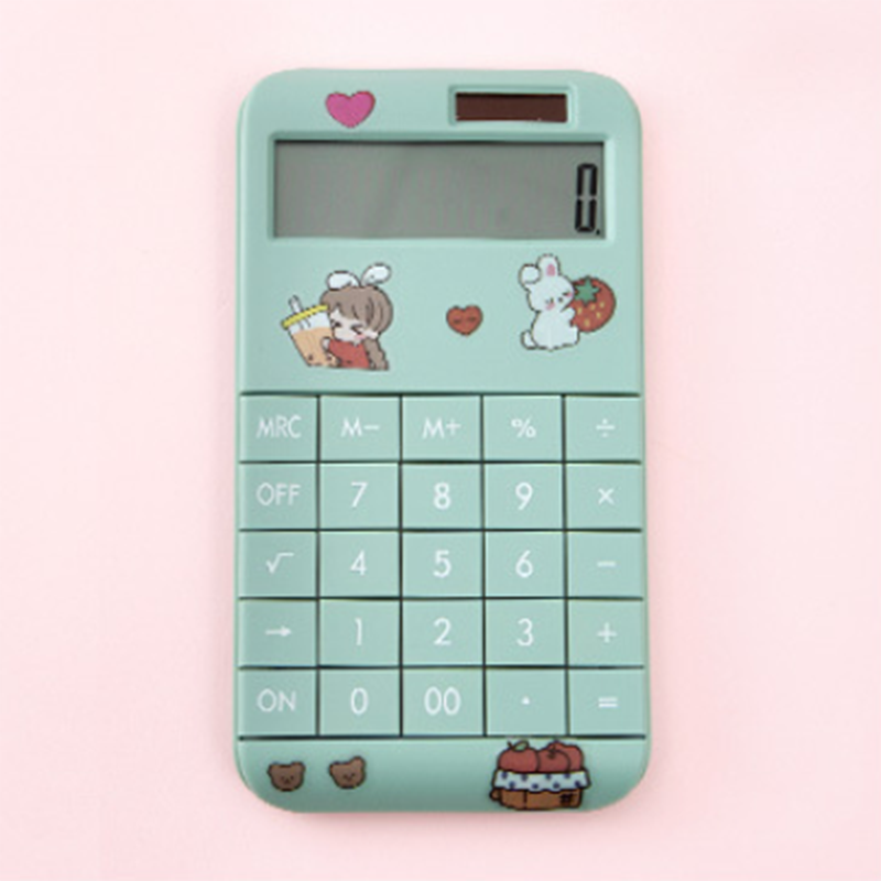 Cute Cartoon Calculator Student Portable Calculator Small Solar Financial Cashier Girl 12-bit Computer Dual Power System: Light Green
