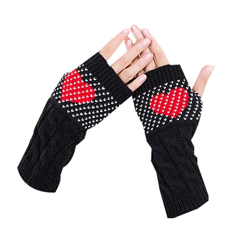 1 Pair Winter Heart Printing Half-finger Gloves Women Stylish Thick Warm Knitted Arm Wrist Warmer Fingerless Cute Gloves: black