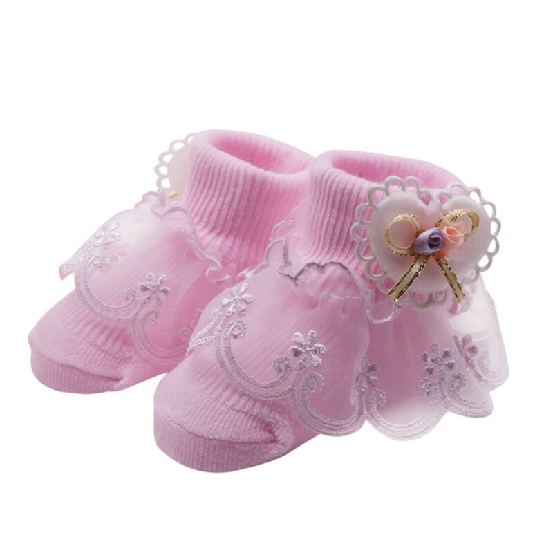 Cute Baby Girl Socks Cotton sweat absorbent non - slip socks With Lace Bow Floral Print Socks Princess Children Socks: pink