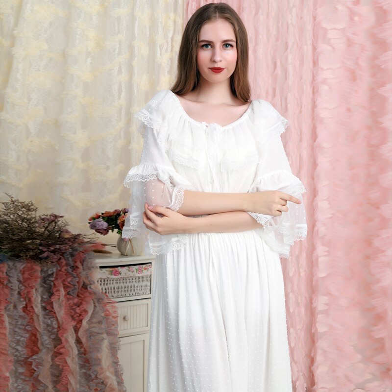 Kvinder natkjole bomuld pink nattøj kjole romantisk efterår natkjole damer løs sød natkjole: Hvid