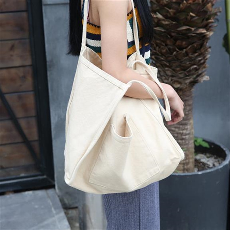 Women Canvas Shoulder Bag Large Capacity Female Big Tote Handbag Folding Reusable Shopping Bags Thin Strap Cloth Bags