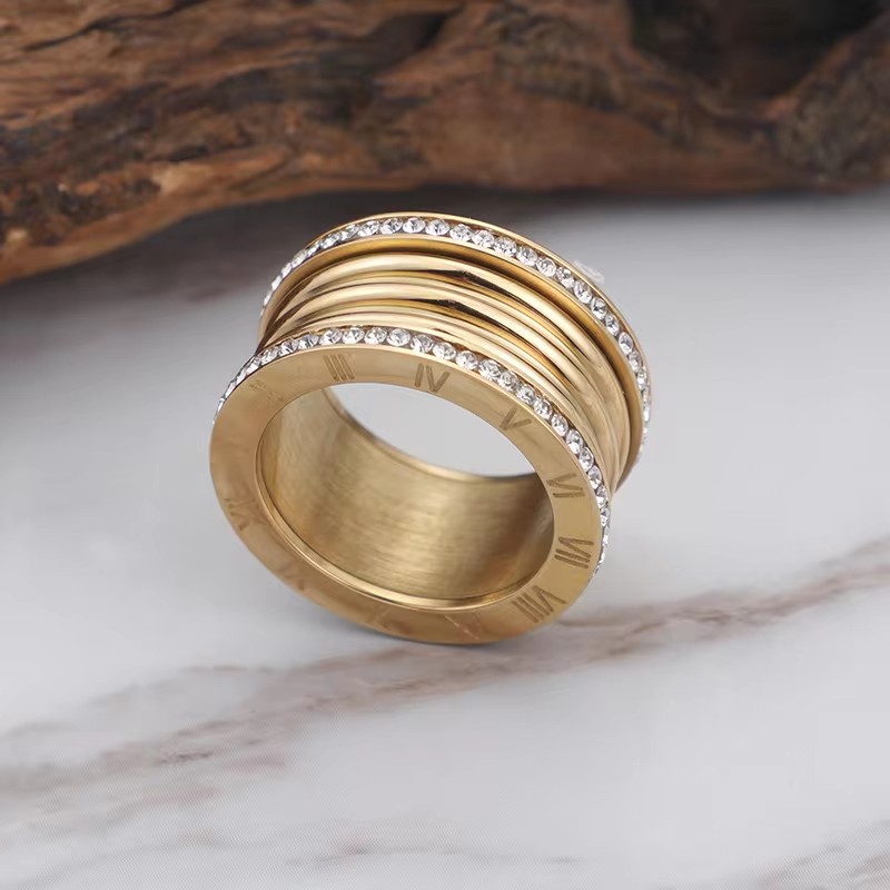Anillos grandes elegantes de acero inoxidable para Mujer, anillo de circón brillante con alfabeto romano, Anillos gruesos para Mujer, joyería para y boda de lujo