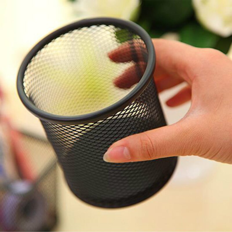 1Pcs Pen Holders Desk Organizer Pen Pencil Holder Storage Tray Desktop Office Metal Mesh Black Hollow Out Container Desktop Tool: Round