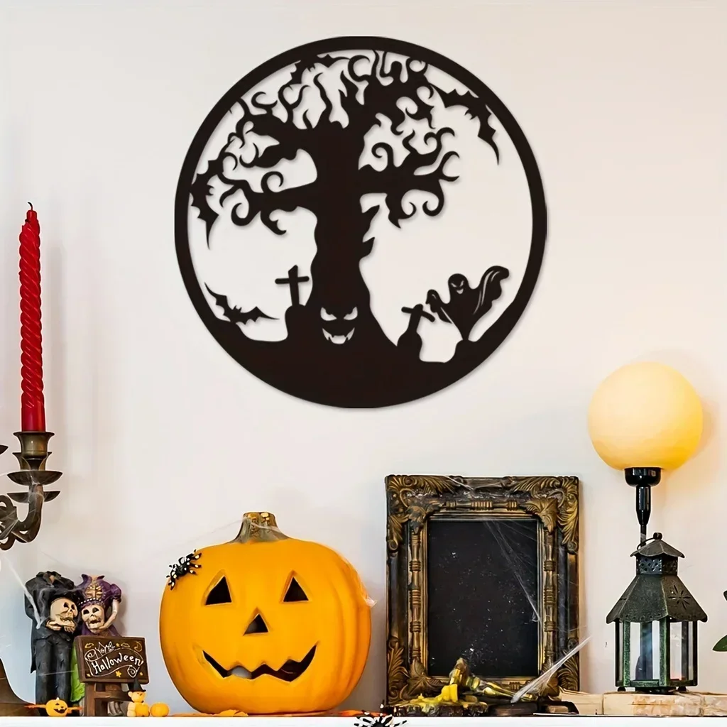 Eerie Metal Halloween Tree Wall Hanging Decor: Mysterious Black Iron Artwork for Home and Living Room Decoration
