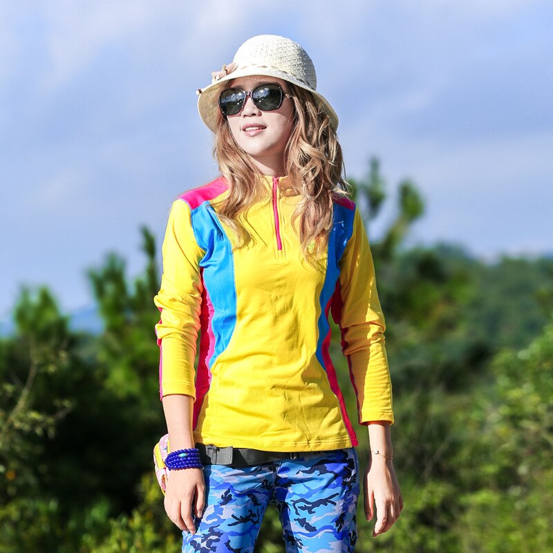 Forår kvinde udendørs camping trekking jogging vandre langærmet t-shirt øge ned stavning farve holde varmen sved tøj: Gul / Xxl