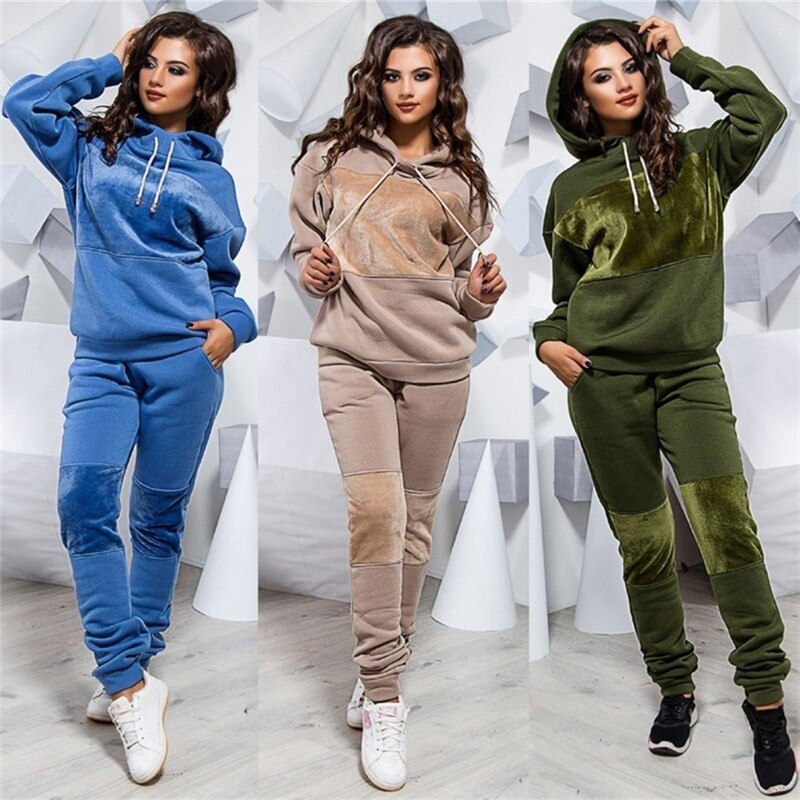 Kvinner vinter damesett treningsdress helermet hettegenser lommer bukser dress todelt sett antrekk sweatsuit