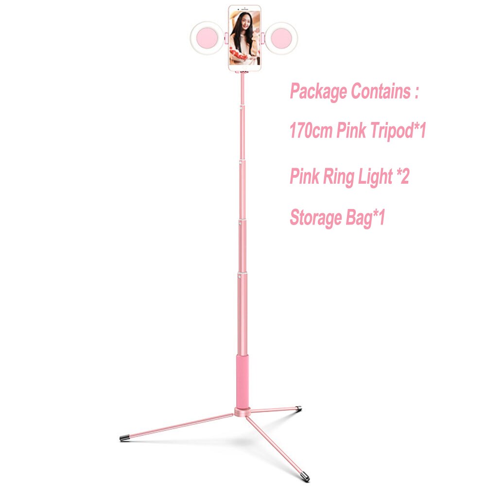 Support de bâton de Selfie ultra-léger de 170CM avec la Mini lumière d'anneau pour des accessoires de téléphone support de photographie en direct de trépied pliable NE070: Pink Tripod 2 Light
